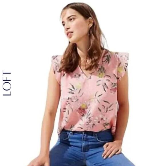 LOFT Pink Floral Flutter Sleeve Blouse - XS - Picture 1 of 12